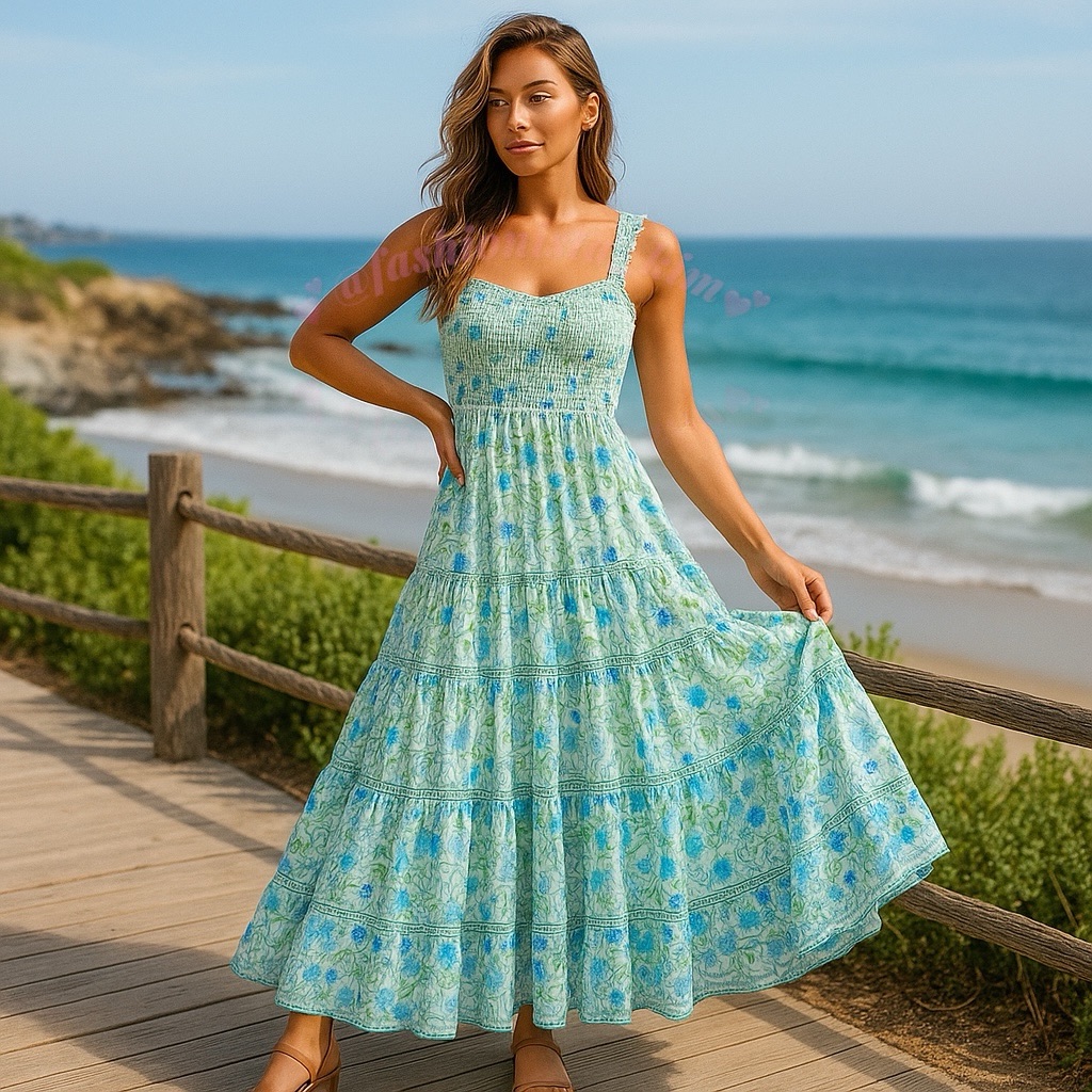 Blue Floral Maxi Dress Spring Festival Dress Rococo Sand Elan Tiered Dress New